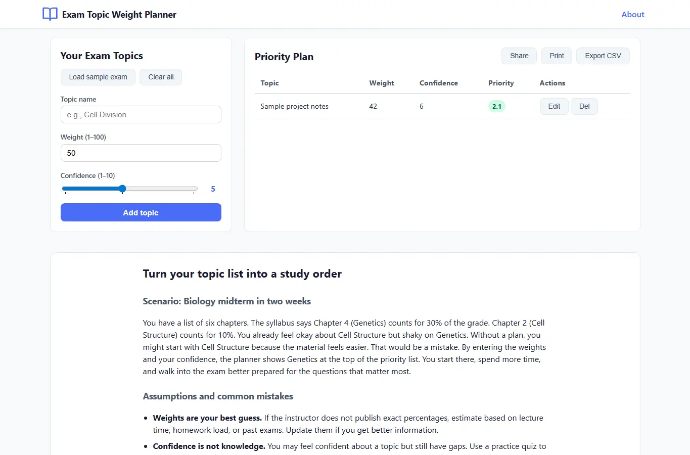 Screenshot of Exam Topic Weight Planner interface showing the project page in use